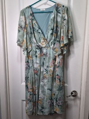 Floral Midi Dress in Dusty Sage - Feminine Flutter Sleeve